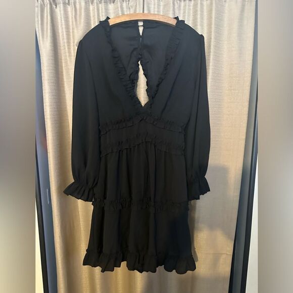 Womens Deep V Neck Ruffle Long Sleeve Floral Print Boho Mini Dress Large - Picture 6 of 7